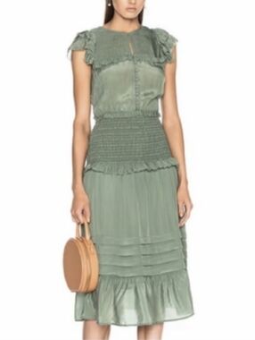 Sea New York Sage Green Tiered Smocked Midi Dress, Size 0